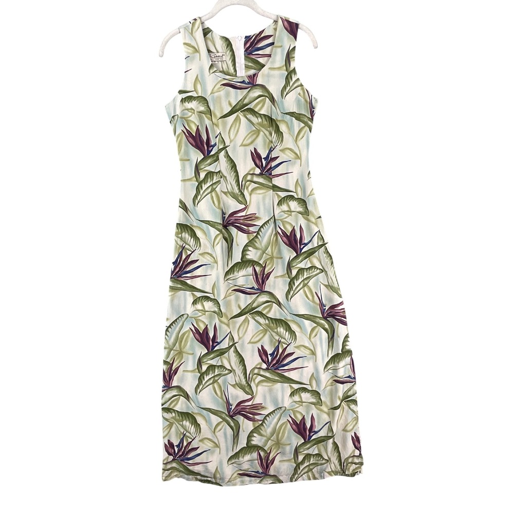 Tori Richard Dress Womens S Cream Green Bird of Paradise Tropical Vintage Aloha